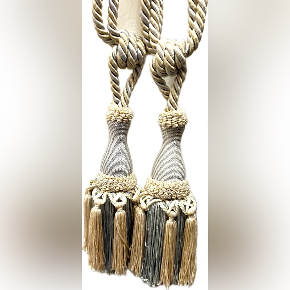 Two Cream and Pale Blue Silk Tassels - Tie-backs for Curtains